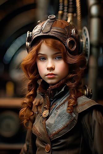 Fantasy of young girl in steampunk clothes. AI Generated. Fashion Print